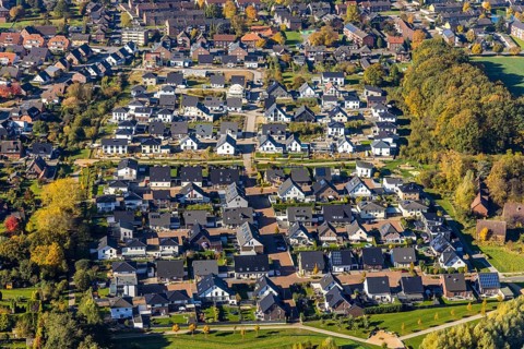 Aerial view, new construction, residential park Schulze-Everding Everdings Hof in the district