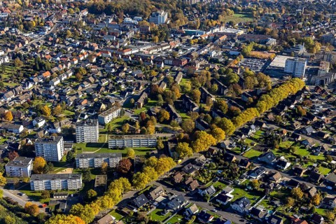 Aerial view, high-rise residential estate between Rautenstrauchstraße and Marinestraße in the