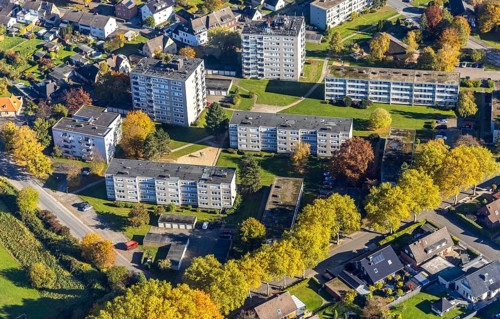 Aerial view, high-rise residential estate between Rautenstrauchstraße and Marinestraße in the