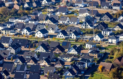 Aerial view, new construction, residential park Schulze-Everding Everdings Hof in the district