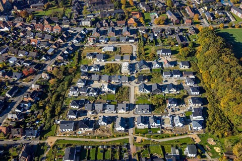 Aerial view, new construction, residential park Schulze-Everding Everdings Hof in the district