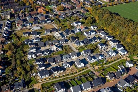 Aerial view, new construction, residential park Schulze-Everding Everdings Hof in the district