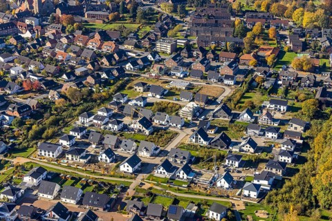 Aerial view, new construction, residential park Schulze-Everding Everdings Hof in the district