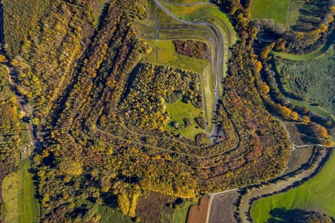 Aerial view, Radbod spoil tip with Radbod spoil tip sign and Alte Lippe in the Bockum-Hövel