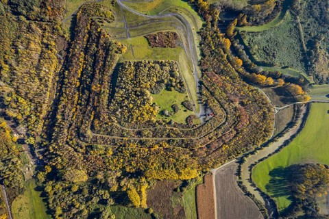 Aerial view, Radbod spoil tip with Radbod spoil tip sign and Alte Lippe in the Bockum-Hövel