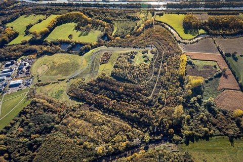 Aerial view, Radbod spoil tip with Radbod spoil tip sign and Alte Lippe in the Bockum-Hövel