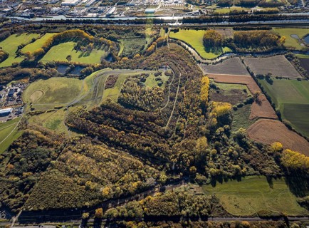 Aerial view, Radbod spoil tip with Radbod spoil tip sign and Alte Lippe in the Bockum-Hövel
