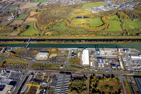 Aerial view, Lanfer Logistik and Maxi Terminal in the harbour and Radbod slagheap with Radbod