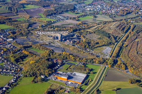 Aerial view, CreativRevier Hamm at the former Ost Zeche Heinrich Robert colliery with hammerhead