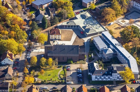 Aerial view, Caritas retirement home St. Josef and new building Haus der Begegnung and Heilig Kreuz