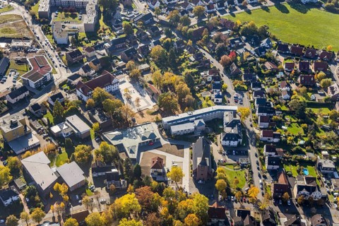 Aerial view, Caritas retirement home St. Josef and new building Haus der Begegnung and Heilig Kreuz