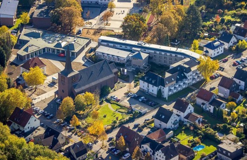 Aerial view, Caritas retirement home St. Josef and new building Haus der Begegnung and Heilig Kreuz