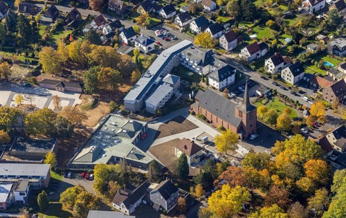 Aerial view, Caritas retirement home St. Josef and new building Haus der Begegnung and Heilig Kreuz
