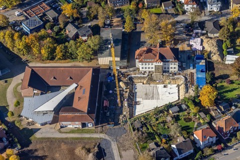 Aerial view, construction site and renovation Arnold-Freymuth-Gesamtschule / Falkschule in the