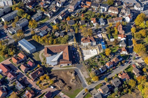 Aerial view, construction site and renovation Arnold-Freymuth-Gesamtschule / Falkschule in the