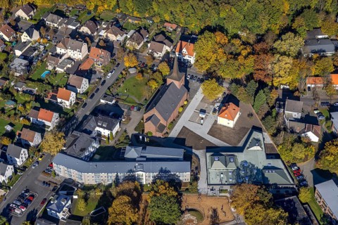 Aerial view, Caritas retirement home St. Josef and new building Haus der Begegnung and Heilig Kreuz