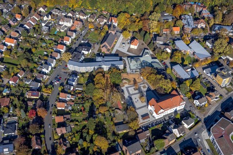 Aerial view, Caritas retirement home St. Josef and new building Haus der Begegnung and Heilig Kreuz