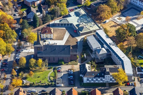 Aerial view, Caritas retirement home St. Josef and new building Haus der Begegnung and Heilig Kreuz