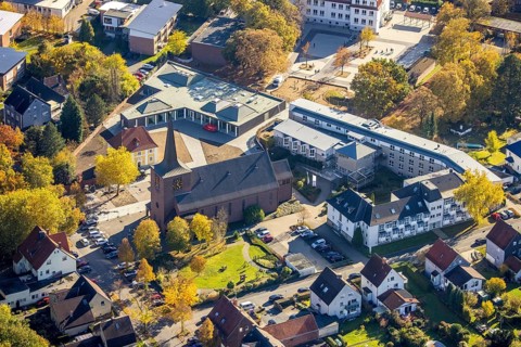Aerial view, Caritas retirement home St. Josef and new building Haus der Begegnung and Heilig Kreuz