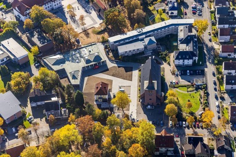 Aerial view, Caritas retirement home St. Josef and new building Haus der Begegnung and Heilig Kreuz