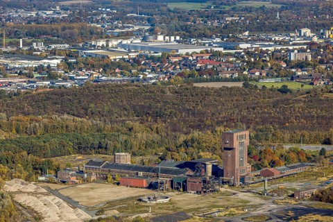 Aerial view, CreativRevier Hamm at the former Ost Zeche Heinrich Robert colliery with hammerhead
