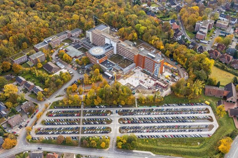 Aerial view, construction site with extension building at the St. Barbara-Klinik Hamm-Heessen in