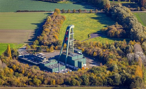 Aerial view, Planned dismantling of Lerche shaft winding tower An der Barbecke in the district of