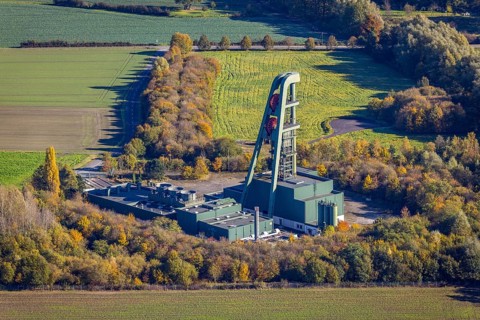 Aerial view, Planned dismantling of Lerche shaft winding tower An der Barbecke in the district of