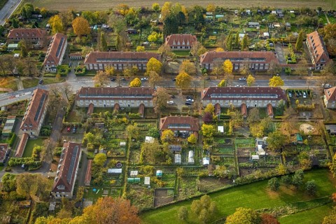Aerial view, housing estates of the Sachsen colliery on Vogelsang street in the Heessen district of