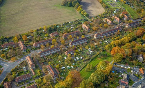 Aerial view, housing estates of the Sachsen colliery on Vogelsang street in the Heessen district of