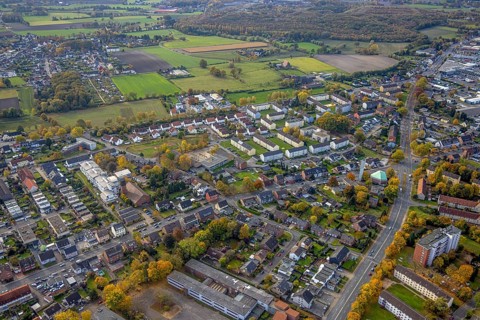 Aerial view, St. Boniface Catholic Church, St. Boniface Senior Citizens' Centre and St. Boniface
