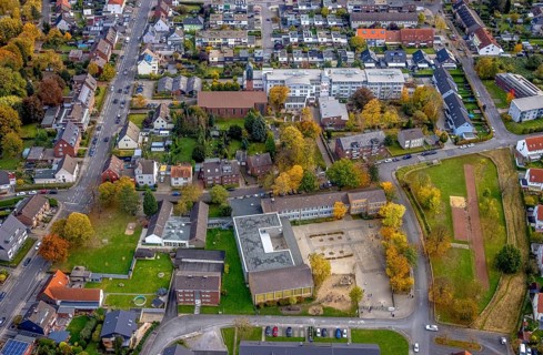 Aerial view, St. Boniface Catholic Church, St. Boniface Senior Citizens' Centre and St. Boniface