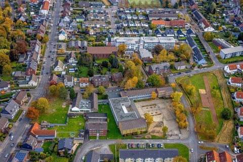 Aerial view, St. Boniface Catholic Church, St. Boniface Senior Citizens' Centre and St. Boniface