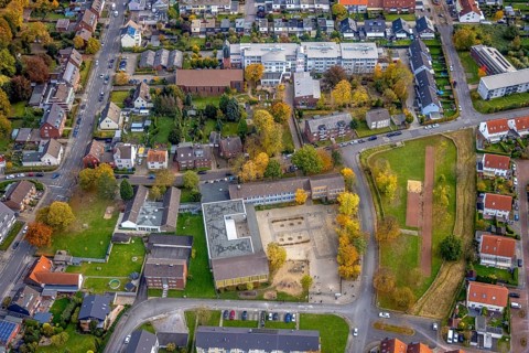 Aerial view, St. Boniface Catholic Church, St. Boniface Senior Citizens' Centre and St. Boniface