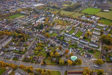 Aerial view, St. Boniface Catholic Church, St. Boniface Senior Citizens' Centre and St. Boniface
