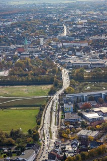Aerial view, B63 Münsterstraße and Lippeaue as well as city centre view in the district Heessen in
