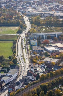 Aerial view, B63 Münsterstraße and Lippeaue in the district Heessen in Hamm, Ruhr area, North