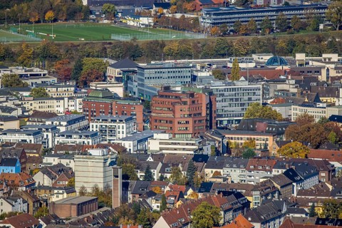 Aerial view, city centre view with view over the Allee-Center to the Hammer Technology and Start-up