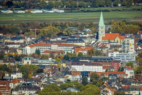 Aerial view, city centre view with former Isenbeck brewery location, St. Marien-Hospital Hamm and