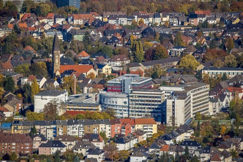 Aerial view, city centre view with Hamm Protestant Hospital and parish of St. Franziskus von Assisi