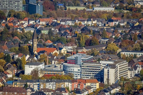 Aerial view, city centre view with Hamm Protestant Hospital and parish of St. Franziskus von Assisi