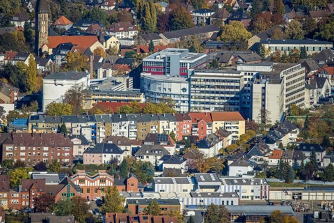 Aerial view, city centre view with Hamm Protestant Hospital and parish of St. Franziskus von Assisi