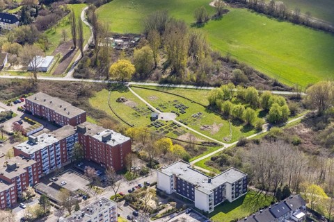Aerial view, urban gardening in the Kornmersch, Bockum-Hövel, Hamm, Ruhr area, North