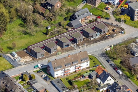 Aerial view, construction site, new building kindergarten Großer Sandweg, Bockum-Hövel, Hamm, Ruhr