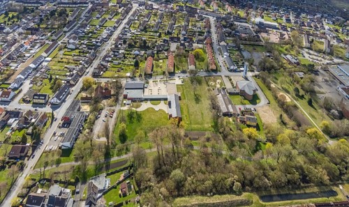 Aerial view, district centre Hamm-Norden, Church Maria Königin, Bockum-Hövel, Hamm, Ruhr area,