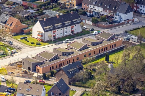 Aerial view, construction site, new building kindergarten Großer Sandweg, Bockum-Hövel, Hamm, Ruhr