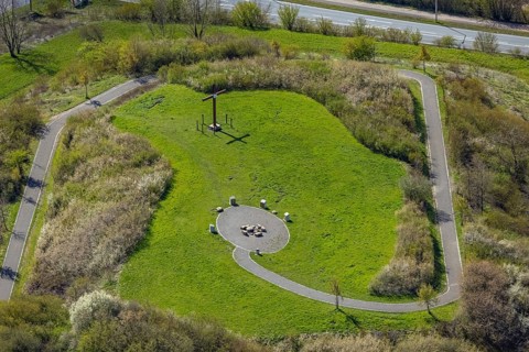 Aerial view, panoramic slagheap with Sachsenkreuz, Heessen, Hamm, Ruhr area, North
