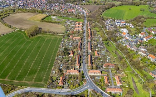 Aerial view, Vogelsang housing estate, former miners' housing estate, Heessen, Hamm, Ruhr area,