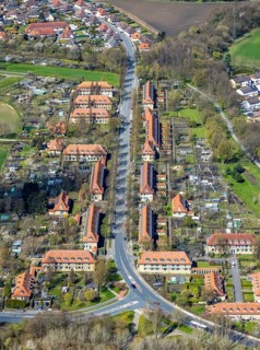 Aerial view, Vogelsang housing estate, former miners' housing estate, Heessen, Hamm, Ruhr area,