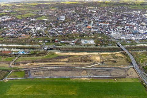 Aerial view, Lippe floodplain experience project, dyke area between city centre and airfield, new